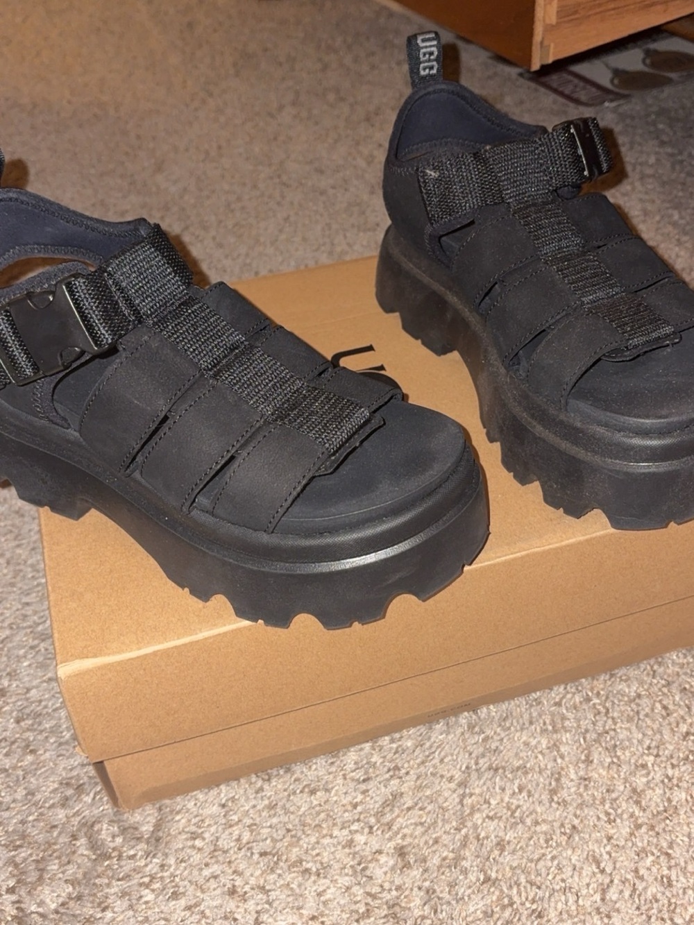 UGG Black Chunky Lug Sole Platform Sandals - Picture 3 of 5